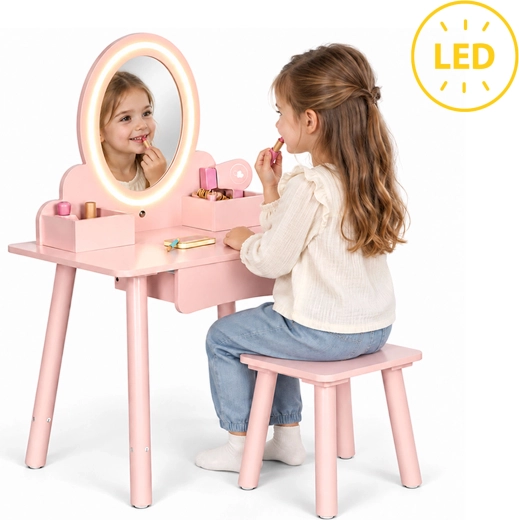 ECOTOYSi laste puidust tualettlaud LED-peegli, tabureti ja tarvikutega
