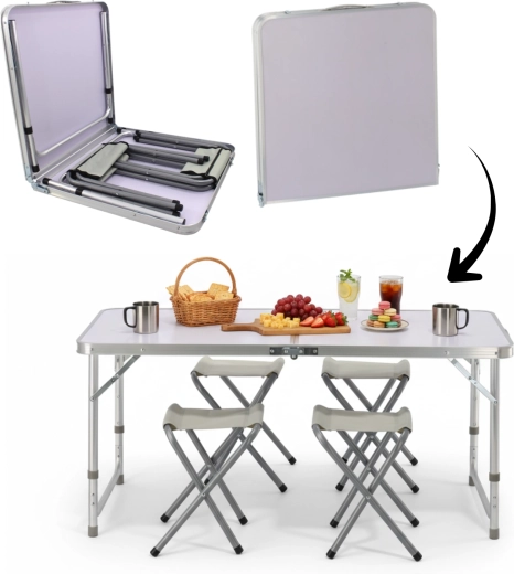 Kokkupandav matkasetikomplekt laua ja 4 taburetiga 120 × 60 × 70 cm