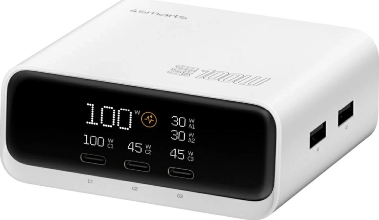 4smarts GaN 100 W lauapealne laadija ekraaniga, 3× USB‑C + 2× USB‑A, valge