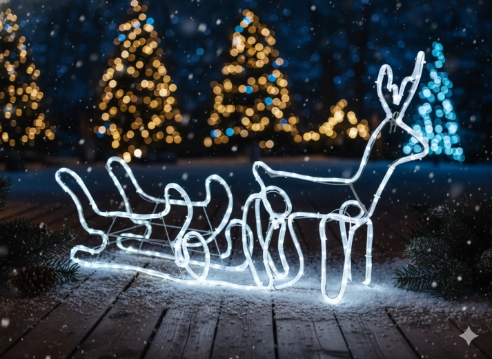 Jõuluteemaline LED-põder kelguga 120 × 27 × 66 cm – külm valge külma vilkumisega