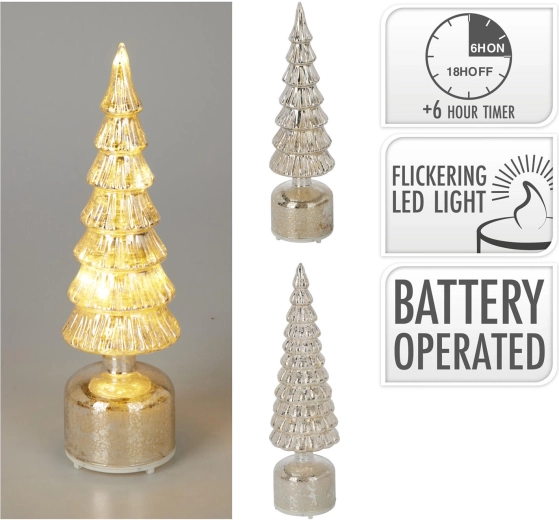 Glass LED tree decoration with silver finish and timer - 1 piece