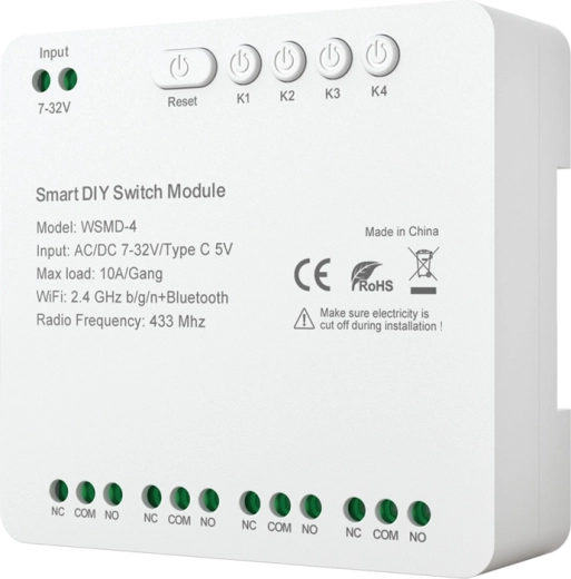 Nutikas 4-kanaliline DIY-lülitusmoodul AVATTO 7–32 V, Wi‑Fi, Bluetoothi ja RF 433 MHz-ga