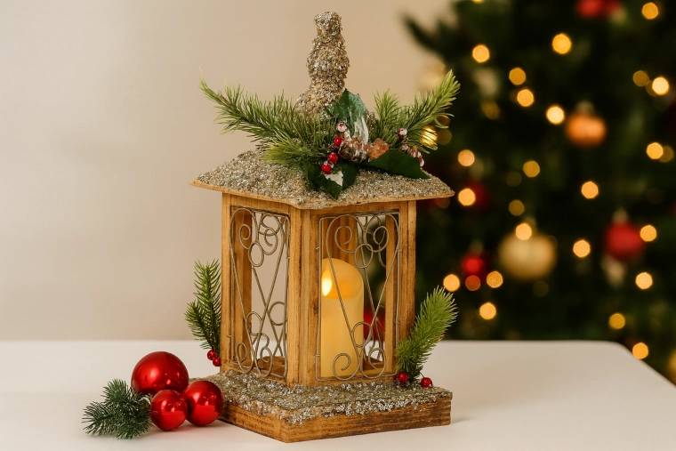 Jõululik puidust LED-latern küünlaga 18 × 18 × 38 cm