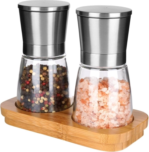 Soola- ja pipraveskid bambusest alusega 14,5 cm, 3-osaline komplekt