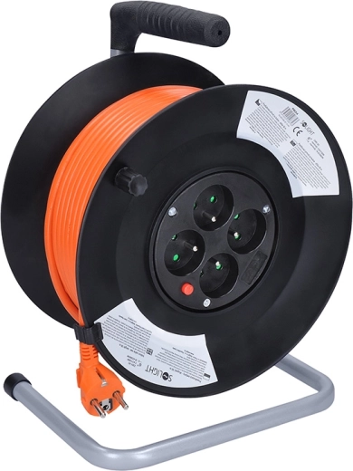 Solight pikenduskaabel rullil 50 m, 4 pistikupesa, oranž