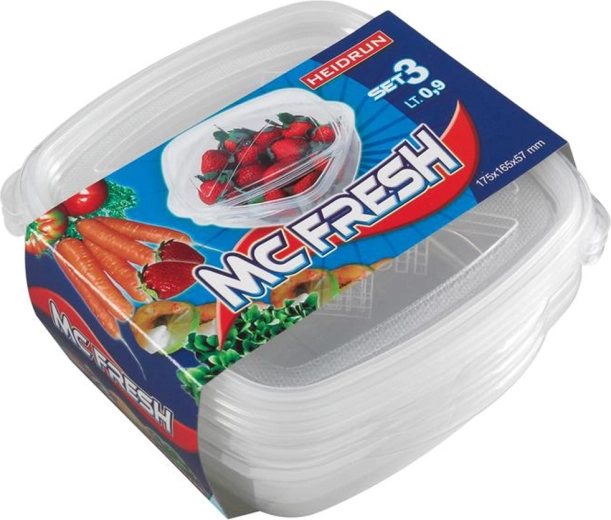 Plastist ruudukujulised toidukarbid kaanega HEIDRUN McFresh 0,9 l, 3 tk komplekt