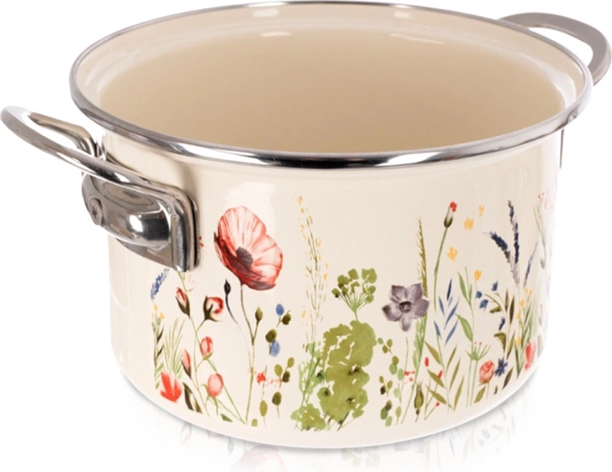 Cream enamel pot with poppy motif 18 cm, 2 l