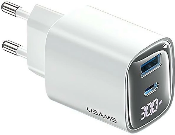 30 W GaN-võrgulaadija LED-ekraaniga, USB + USB‑C, valge
