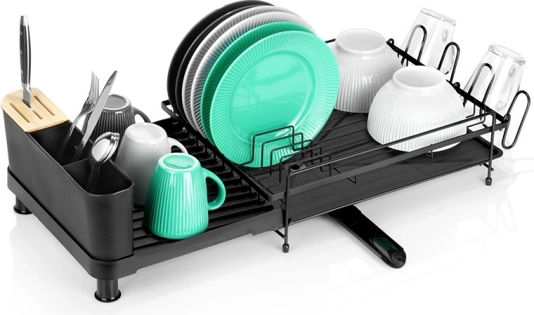 Expandable metal dish drying rack, black, 48–70 × 32.5 × 18 cm