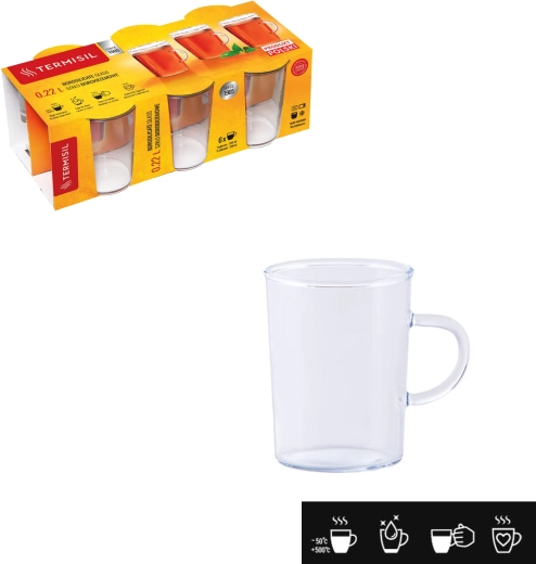 Kuumakindlad sangaga klaasid 220 ml – kooniline kuju, borosilikaatklaas, komplekt 6 tk
