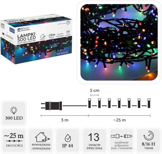 LED-valguskett 500 mitmevärvilist LED-i, 25 m