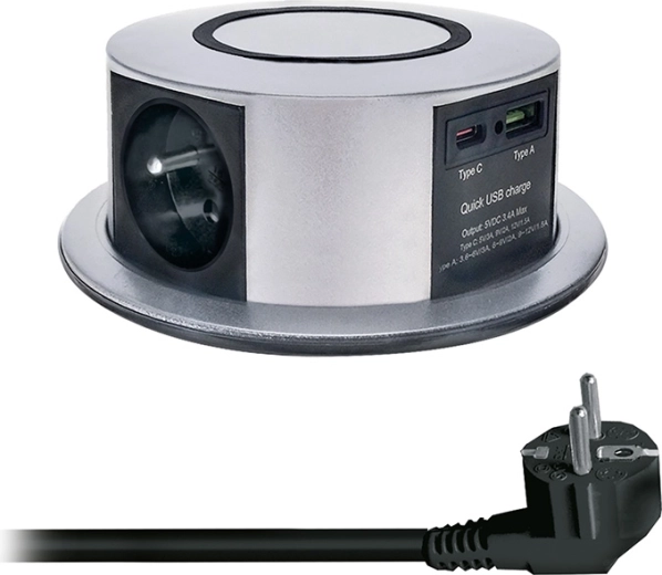 Solight lauale sisse süvistatav väljatõmmatav pistikupesaplokk 3× 230 V + USB-A/USB-C PD 20 W koos Qi juhtmevaba laadimisega 10 W, 2 m, hõbedane