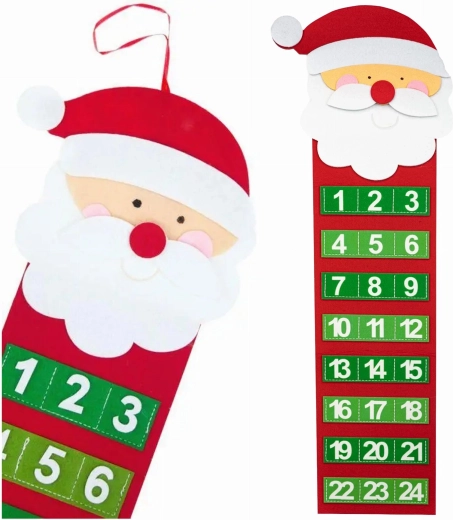 Riputatav vildist advendikalender jõuluvana kujutisega, 24 taskut, 65 cm