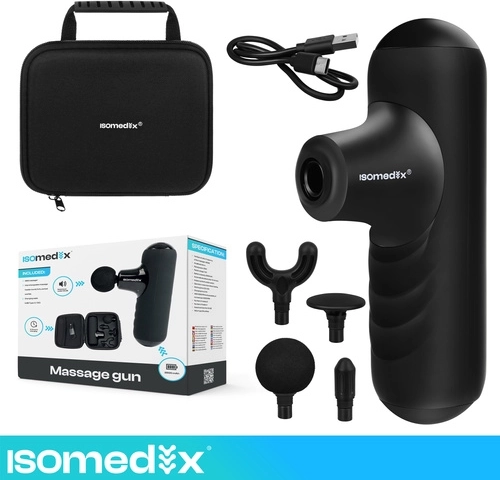 Mini massaažipüstol Isomedix 5 režiimi, 4 otsiku ja ümbrisega