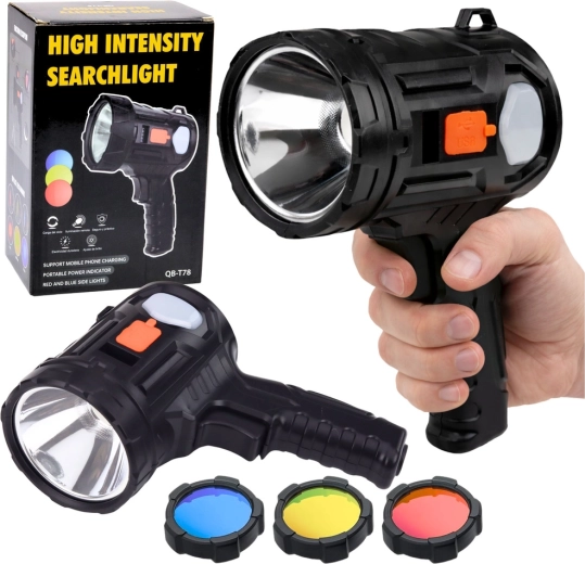 Päikesepaneeliga LED käsitaskulamp/helkur 6 režiimi ja vahetatavate filtritega 19 cm