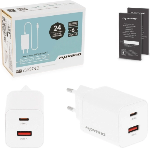 Movano GaN 45 W charger USB‑C PD + USB‑A white