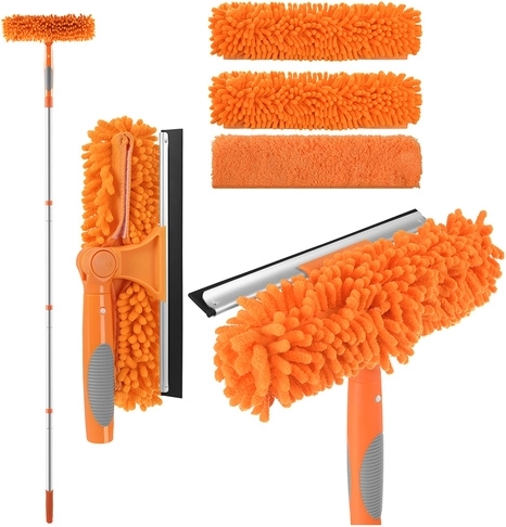 RUHHY 3-in-1 Telescopic Window Cleaner 1.8 m with Squeegee and Microfiber Pads