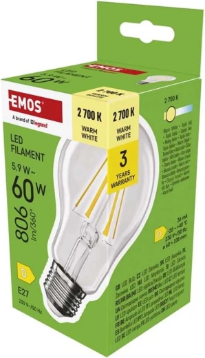 LED-hõõglamp Filament A60 E27 5,9 W 806 lm soe valge