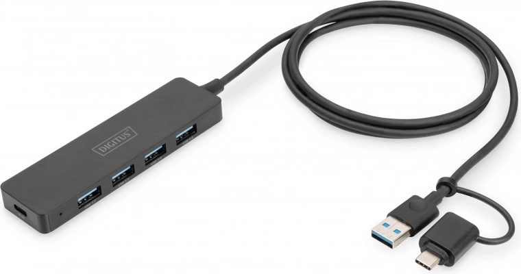 USB 3.0 HUB SlimLine 4 pordiga koos USB-C adapteriga 1,2 m 5 Gbps, USB-C toitepistik