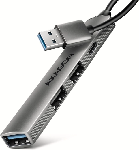 Axagon hue-sta alumiiniumist USB-jaotur 4× porti (1× USB‑A 5 Gbps, 2× USB‑A 2.0, 1× USB‑C 2.0) 12 cm kaabliga