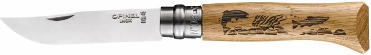 Opinel N°08 Inox Animalia taskunuga kalalise motiiviga, tammepuit, 8,5 cm