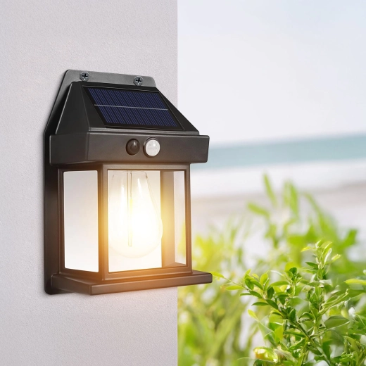 Päikesepatareiga seinalamp liikumisanduri ja filament-LED-pirniga, must