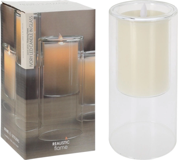 IVORY LED Candle in Glass with Flickering Flame 10 × 20 cm