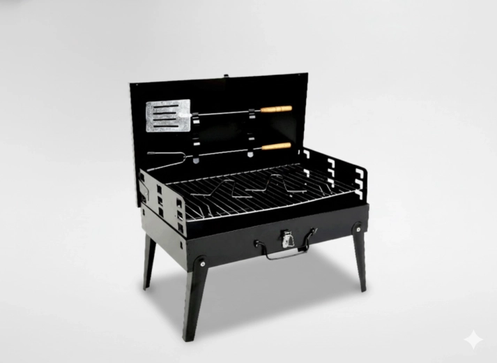 Kokkupandav kohvrikujuline matka-grill koos tarvikutega 43 × 26,5 × 46,5 cm