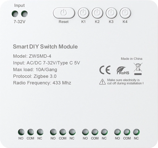 4-kanaliline ZigBee lülitusmoodul Avatto potentsiaalivaba kontaktiga DC 32 V