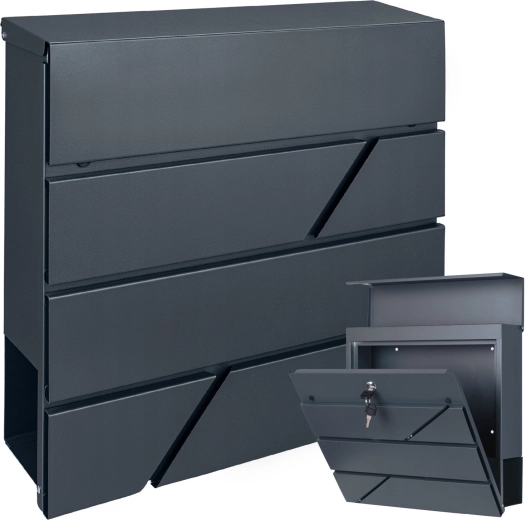 Large A4 wall-mounted mailbox with newspaper tube, anthracite grey