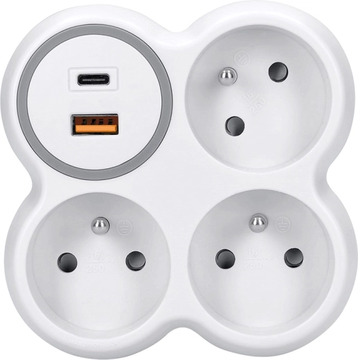 Solight pistikupessa jaotur 3× 16 A koos USB-A ja USB-C kiirlaadimisega PD 20 W, valge-hall
