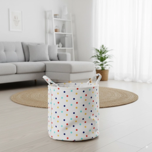 Tekstiilist korv pesu ja mänguasjade jaoks täppidega 30 × 35 cm