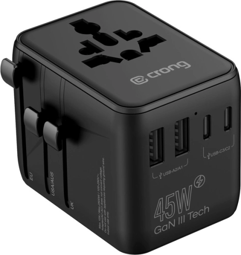 Universaalne reisadapter GaN III 45 W (UK/EU/US/AU), must - 1 tk