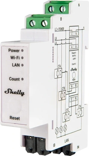 Shelly Pro 3EM Matter kolmefaasiline elektriarvesti 120 A DIN-liistule