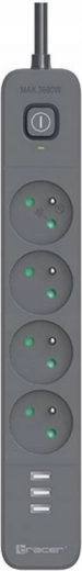 Ülepingekaitse TRACER Power Line+ mobile ready 1,5 m (4 pistikupesa + 3x USB A, 5V 2,4A)
