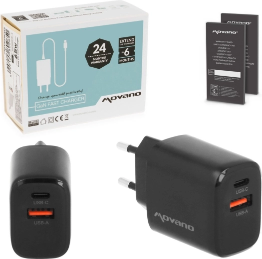 Movano GaN wall charger 20 W USB-C PD + USB-A black