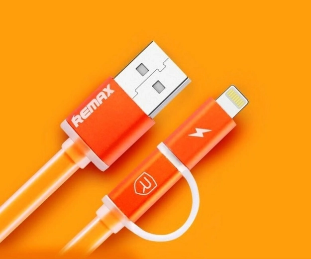 Remax Aurora 2-ühes laadimis- ja andmekaabel USB–Lightning/micro‑USB, oranž