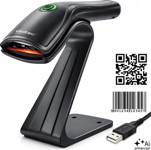 Qoltec 1D- ja 2D-vöötkoodilugeja USB-ühenduse ja alusega
