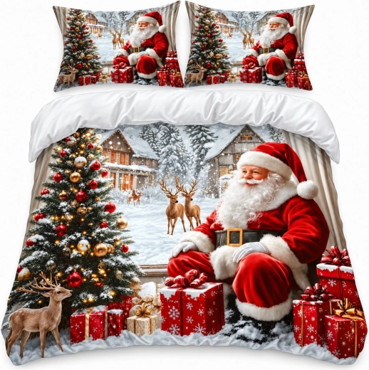 Christmas 3D Bedding Set with Santa Claus and Christmas Tree, 200 × 220 cm, with 2 Pillowcases
