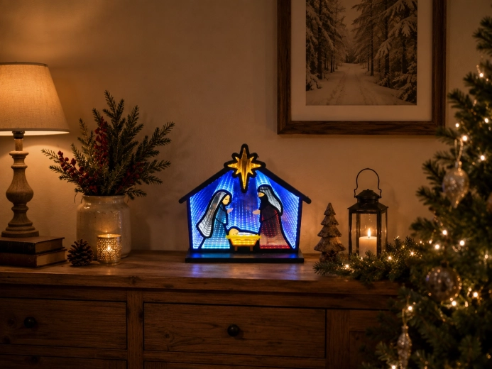 Jõulune 3D-dekoratsioon Betlehem infinity-peegliefektiga, LED 33,5 × 8 × 28,7 cm