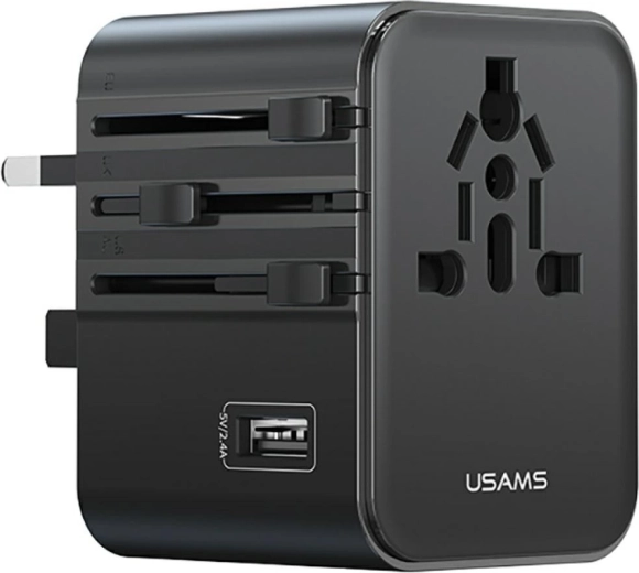 USAMS reisiuniversaalne adapter ja laadija 17 W (2× USB‑C + USB‑A) 4-ühes US/AU/EU/UK, must