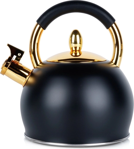Vilde stainless steel whistling kettle, black with gold accents, 3 l