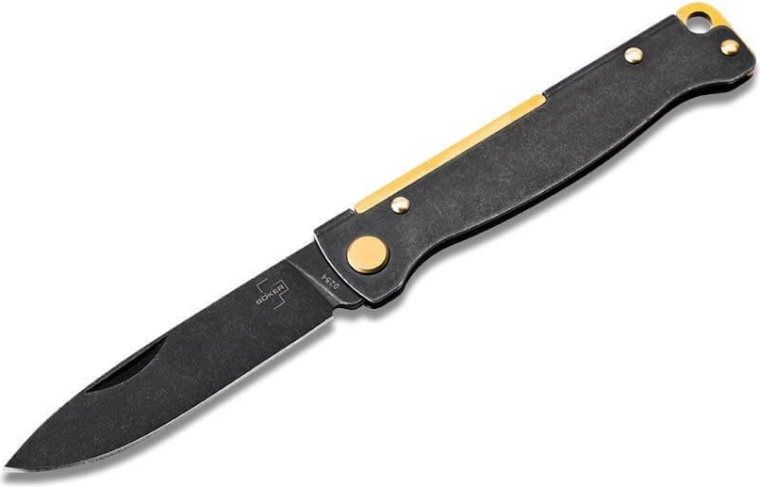 Taskunuga Böker Plus Atlas, 7,2 cm, must Blackwash-viimistlus, messingdetailid