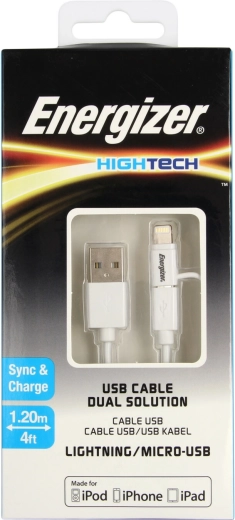 Energizer universaalne laadimiskaabel Lightning/Micro USB 2.4A 1,2 m valge