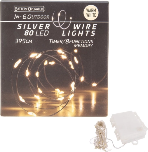 LED-valguskett traadil 80 LED-iga, soe kollane, IN/OUT taimeriga