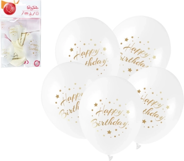 Lateksõhupallid "Happy Birthday" kuldse trükiga 28 cm, 5 tk
