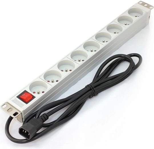 PDU-liist 19-tollisele rackile, 9× E-tüüpi pistikupesa, 2 m C14-kaabel, 10 A, lüliti, alumiinium