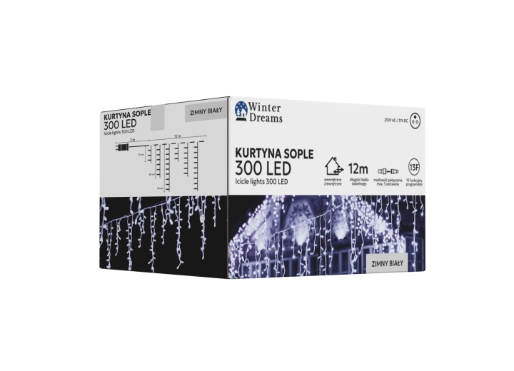 LED-jääpurikatega valguskardin, 300 LED-i, külm valge, 12 m