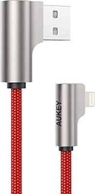 Punane nailonist USB–Lightning kaabel 2 m, 90-kraadise nurga all