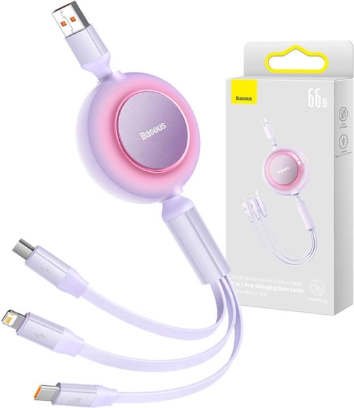 Baseus Bright Mirror 3 USB kaabel 3‑ühes micro USB, USB‑C ja Lightning 66 W 1,1 m – Lilla
